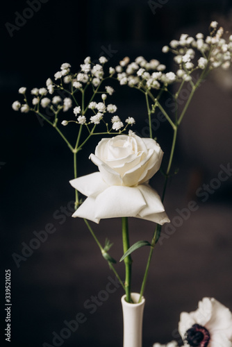 Beautiful white rose in a vase, isolated on a white table on mother's day photo