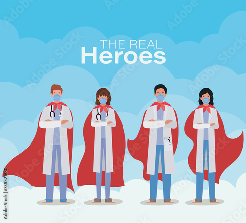 men and women doctors heroes with capes against 2019 ncov virus vector design