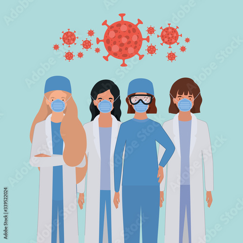 Women doctors heroes with uniforms and masks against 2019 ncov virus vector design