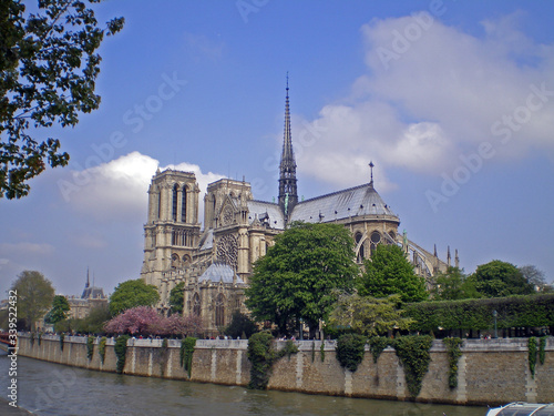 Paris, France - April 22th 2008 : View of the Cathedral Notre-Dame de Paris, before the fire that destroyed the roof, the spire and a large part of the stained glass windows in the building.