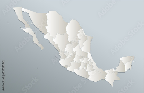 Mexico map, administrative division, blue white card paper 3D blank