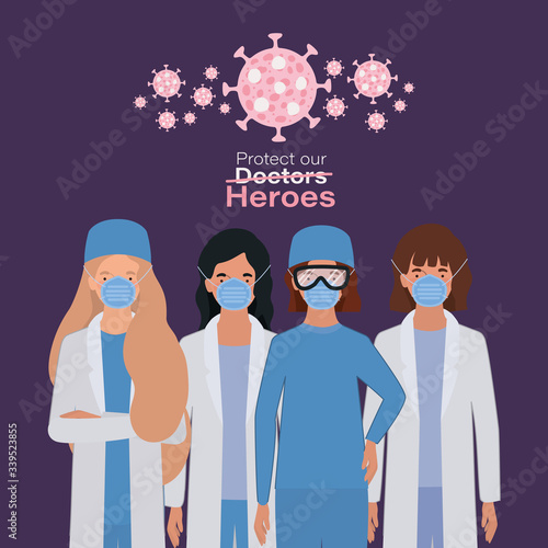 Women doctors heroes with uniforms and masks against 2019 ncov virus vector design