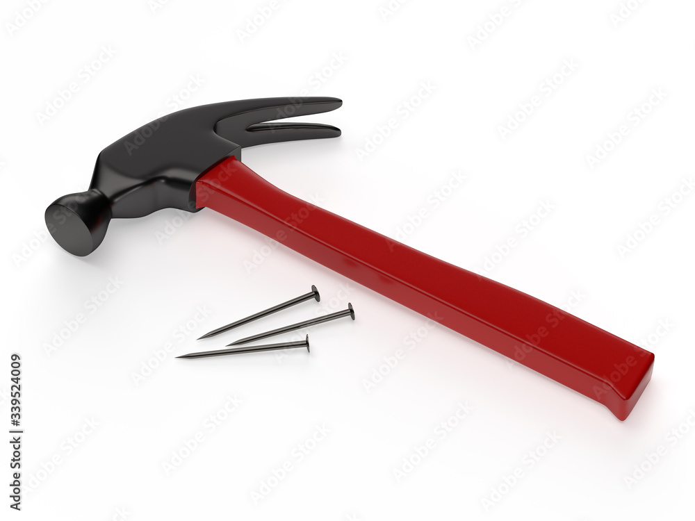 Hammer and nails on white surface. 3D rendering