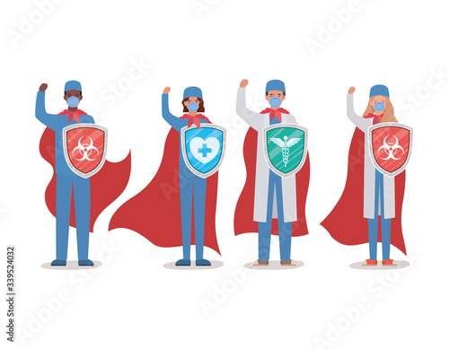 women and men doctors heroes with capes and shields against 2019 ncov virus vector design