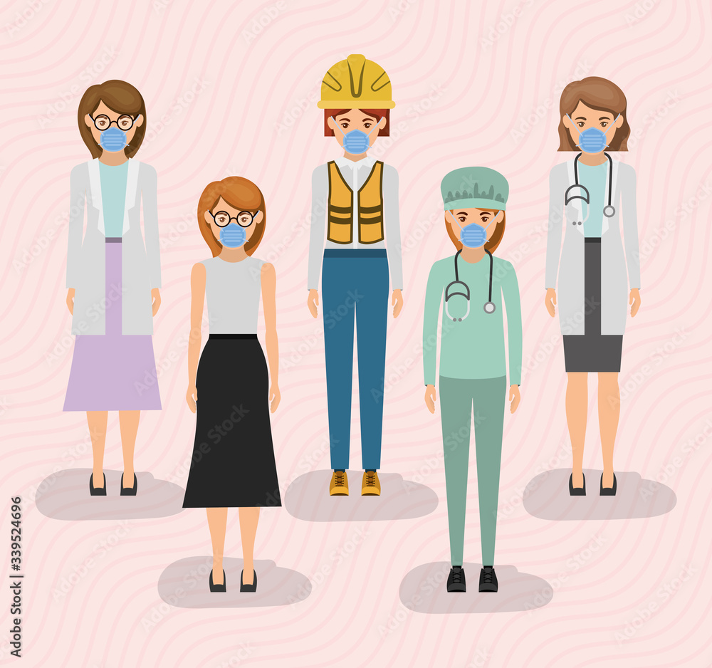 Women workers with masks against 2019 ncov virus vector design Women workers with masks against 2019 ncov virus vector design