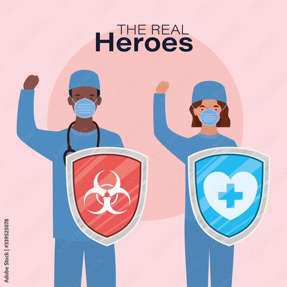 man and woman doctors heroes with shields against 2019 ncov virus vector design