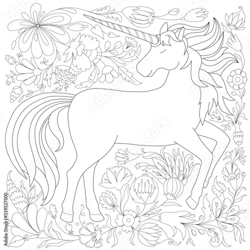 antistress coloring page with unicorn and floral pattern