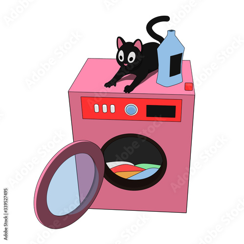 Gray cat on washing machine. Cartoon cat is playing on the washing machine.