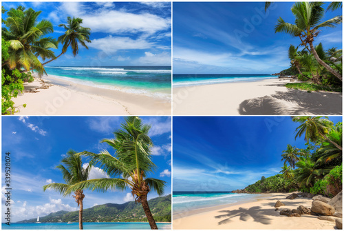 Tropical white sand beach with coco palms and the turquoise ocean on Paradise island. Kit 4 stock photos styled paradise beach.