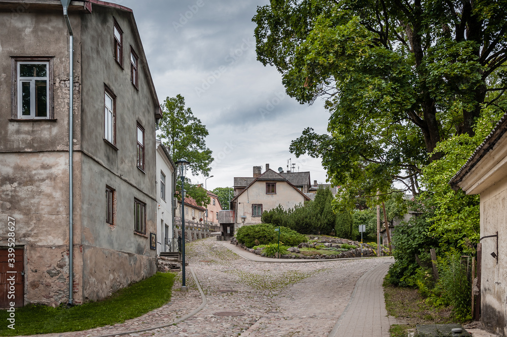 View of paved street in a small town. Picturesque location for filming and walking. Talsi, Latvia.