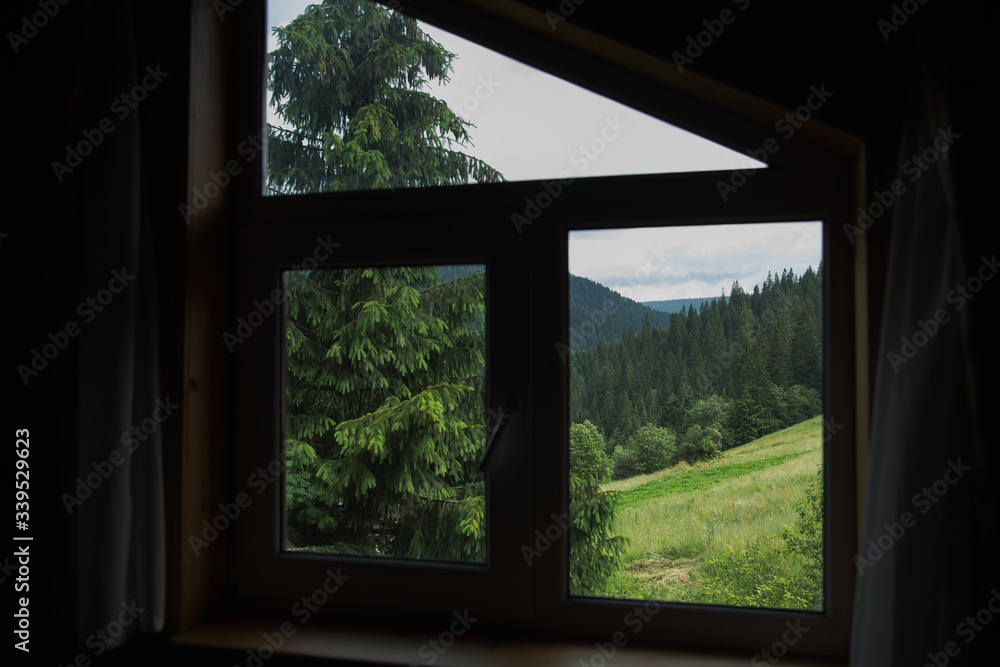Amazing peaceful green landscape seen through closed rural window. Amazing peaceful green landscape seen through closed rural window.