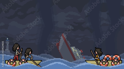 vector pixel art scene shipwreck survivor