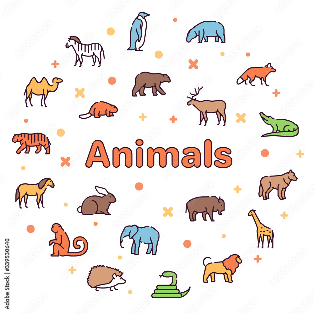 Obraz premium Wild animals symbols color linear vector icon set