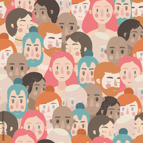 Seamless pattern with crowd of young women and men of different ethnicity, skin color. Backdrop with cartoon people. Teamwork, social issues, racism concepts. Flat. Vector stock illustration.