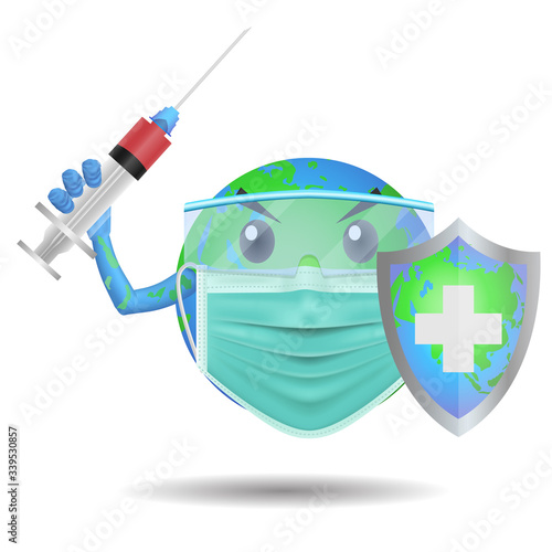 world or earth in protective mask and glasses holding shield and Vaccine syringe, Coronavirus, 2019-nCoV, covid-19, Lassa fever, fight against Corona virus, Concept of fight against virus. photo