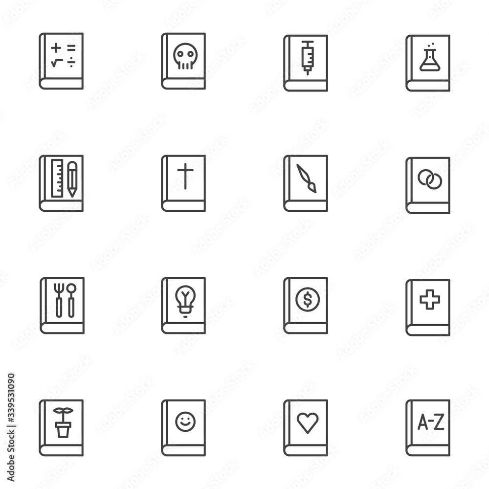 School books line icons set. linear style symbols collection, outline signs pack. Education literature vector graphics. Set includes icons as mathematics, anatomy, chemistry science, dictionary book School books line icons set. linear style symbols collection, outline signs pack. Education literature vector graphics. Set includes icons as mathematics, anatomy, chemistry science, dictionary book