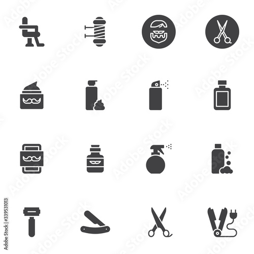 Barber shop accessories vector icons set, modern solid symbol collection, filled style pictogram pack. Signs, logo illustration. Set includes icons as armchair, scissors, shave razor, mustache balsam