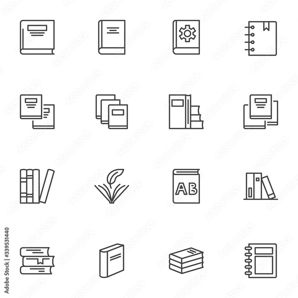 Bookstore books line icons set. linear style symbols collection, outline signs pack. vector graphics. Set includes icons as school book reading, dictionary, textbook, library, encyclopedia, diary Bookstore books line icons set. linear style symbols collection, outline signs pack. vector graphics. Set includes icons as school book reading, dictionary, textbook, library, encyclopedia, diary