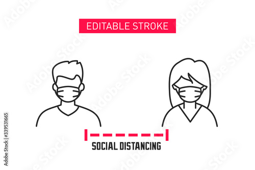 Social distancing line icon. Keep your social distance banner. Man and woman wearing disposable medical masks against each other. Coronavirus protection and prevention