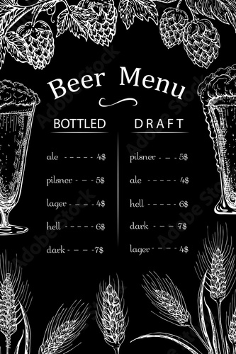 chalk drawn beer bar, pub or restaurant menu template. Vintage engraved beerhouse background on black chalkboard. Vector hand drawn illustration. beer label with glasses, hops and wheat or barley ears