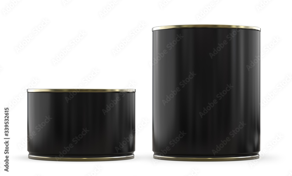 Set of Low and Tall Tin Cans for Food with Black Glossy Blank Label. 3D Render MockUp Isolated on White. Set of Low and Tall Tin Cans for Food with Black Glossy Blank Label. 3D Render MockUp Isolated on White.