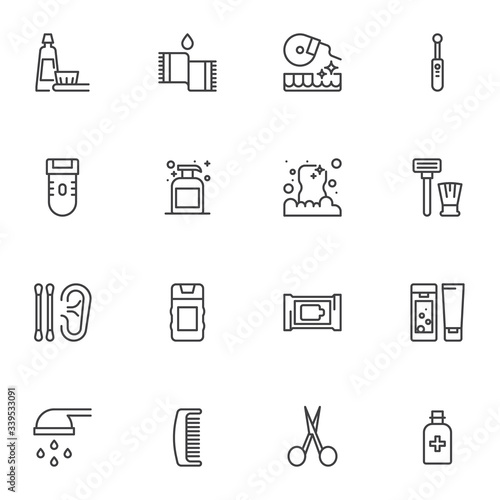 Personal hygiene line icons set. linear style symbols collection, outline signs pack. vector graphics. Set includes icons as oral hygiene, toothpaste and brush, liquid soap bottle, cotton swab, comb
