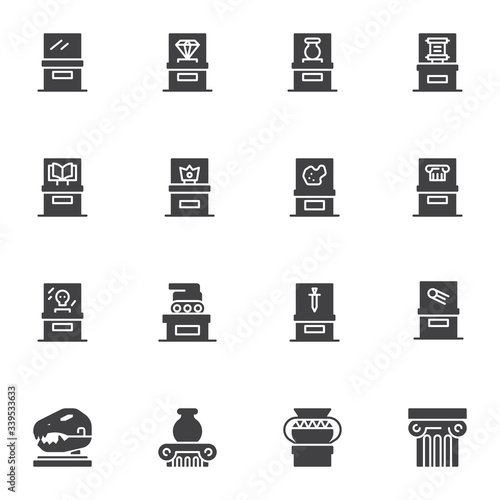 Museum ancient exhibits vector icons set, modern solid symbol collection, filled style pictogram pack. Signs, logo illustration. Set includes icons as ancient amphora, dinosaur, architecture column