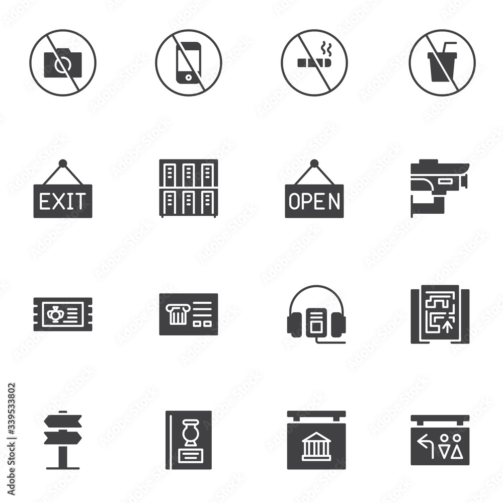 Museum control system vector icons set, modern solid symbol collection, filled style pictogram pack. Signs logo illustration. Set includes icons as prohibition signs, lockers, cctv camera, guide book