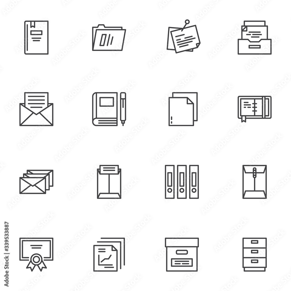 Office document line icons set. linear style symbols collection, outline signs pack. vector graphics. Set includes icons as office folders, envelope mail, portfolio box, paper document, cupboard