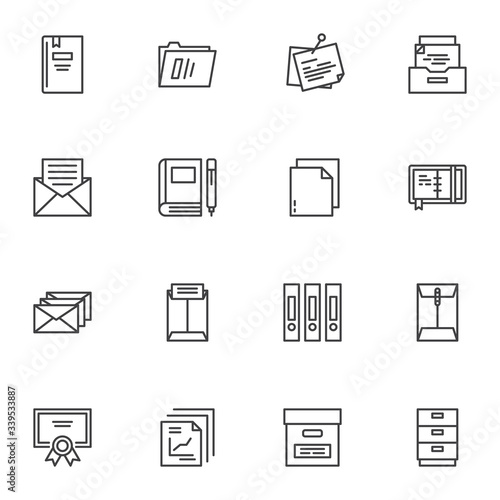 Office document line icons set. linear style symbols collection, outline signs pack. vector graphics. Set includes icons as office folders, envelope mail, portfolio box, paper document, cupboard