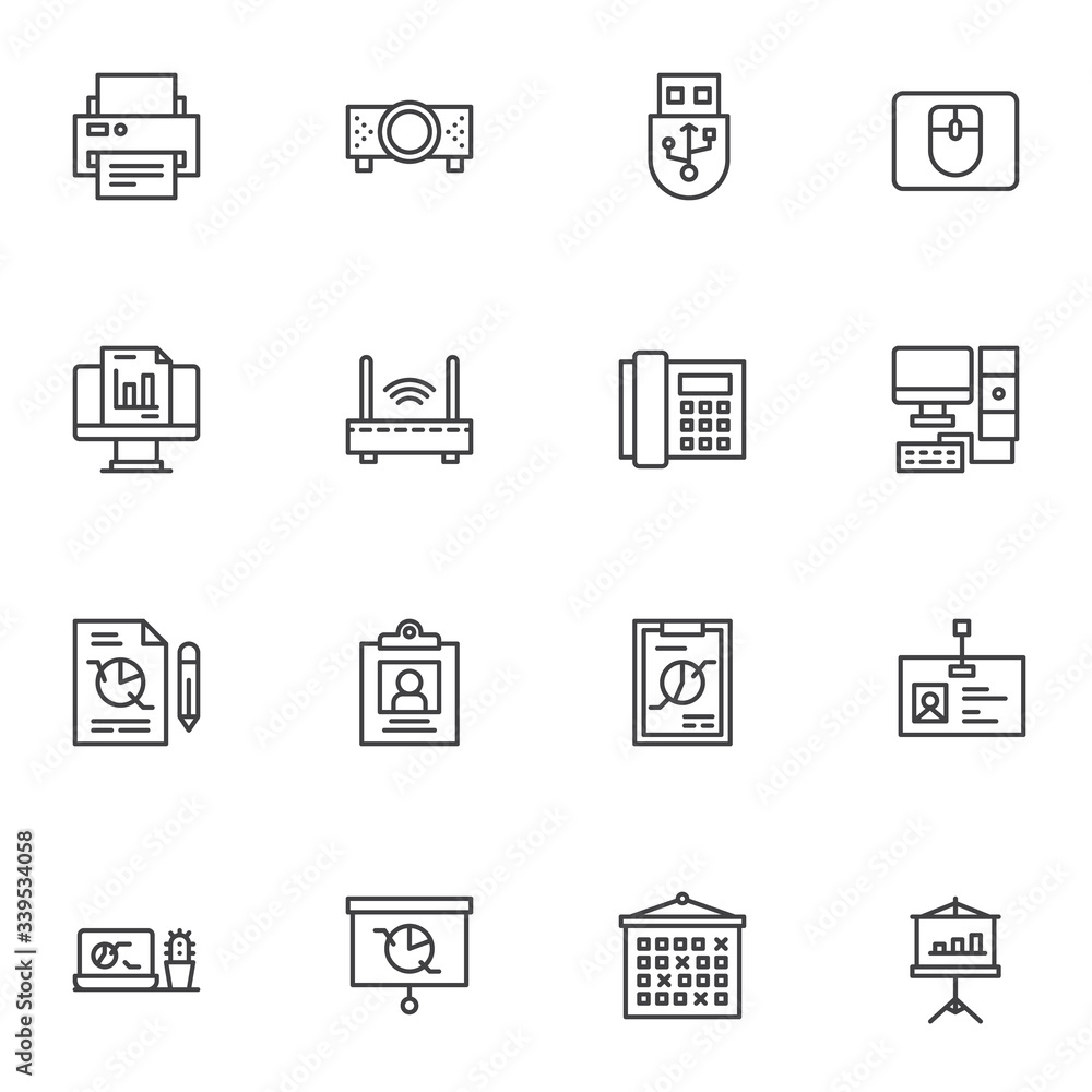 Office tools line icons set. linear style symbols collection, outline signs pack. vector graphics. Set includes icons as printer, projector screen, computer mouse, wifi modem, telephone fax, documents