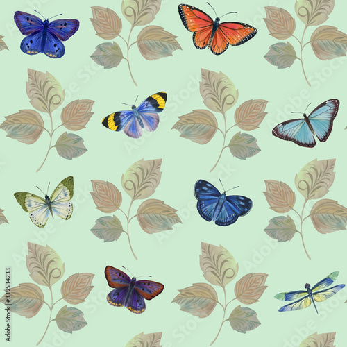 Seamless pattern with bright butterflies and branches on a green background. Botanical colorful pattern for wrapping paper. Butterflies fly.