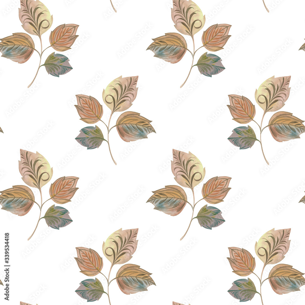 Art painting of leaves. Seamless botanical pattern on a white background. stylish art. Art painting of leaves. Seamless botanical pattern on a white background. stylish art.