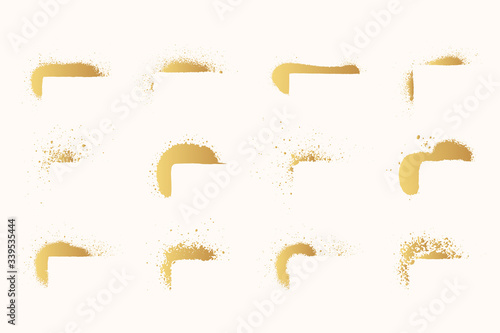 Set of golden spray paint corners for text. Hand drawn gold airbrush border. Grunge background. Vector isolated stencil illustration. 