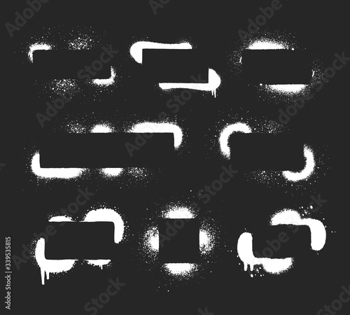 Graffiti rectangular paint frames set. Stencil spray text banners. Vector isolated grunge illustration. Hand drawn airbrush background.