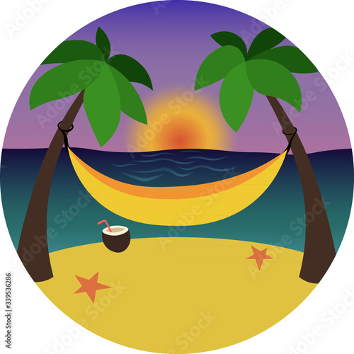 Hammock on the beach. Rest near the sea. Sunset and palm trees. Cocktail, pina colada and orange starfish. Paradise pleasing.