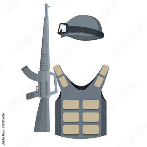 Modern weapons and armor of a soldier. Military helmet, bulletproof vest, rifle for shooting. Special forces uniforms. Military kit. Cartoon flat illustration