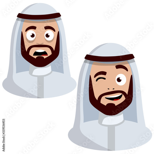 Smiling and sad face of Arab man in white national dress. Avatar for social network. Middle Eastern guy with a beard. Cartoon flat illustration