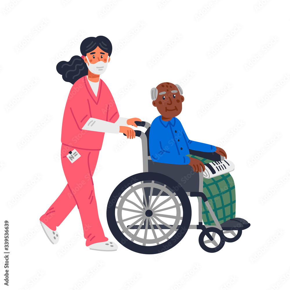 Senior patient. An elderly african american man in a wheelchair and female nurse in a face mask on a white background. Senior people protection, stay safe concept. Simple flat vector illustration.