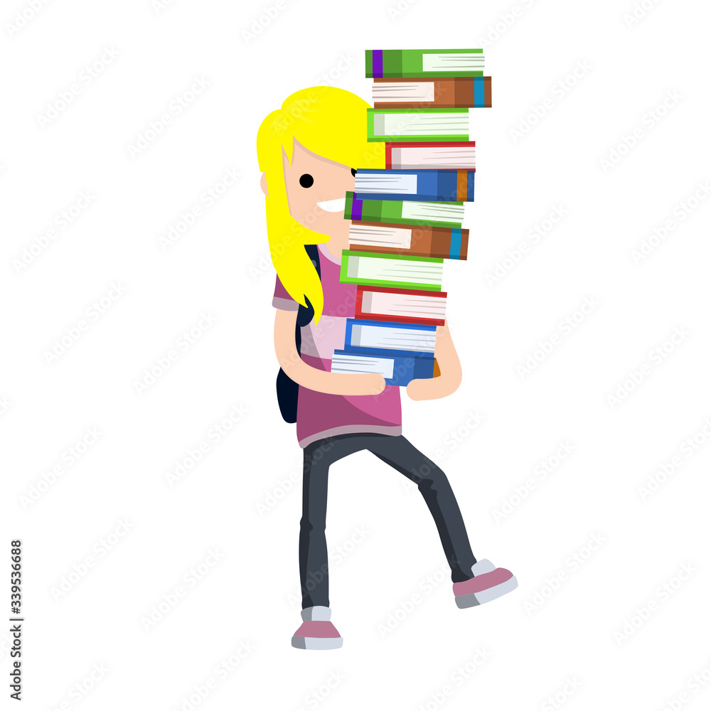 Funny girl student carries heavy stack of books. Problems of teaching children. comic situation. textbooks and notebooks of women - Cartoon flat illustration Funny girl student carries heavy stack of books. Problems of teaching children. comic situation. textbooks and notebooks of women - Cartoon flat illustration