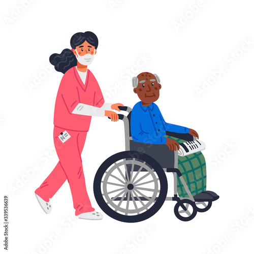 Senior patient. An elderly african american man in a wheelchair and female nurse in a face mask on a white background. Senior people protection, stay safe concept. Simple flat vector illustration.