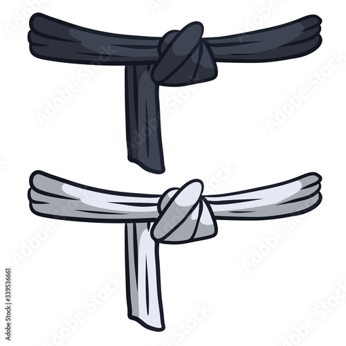 Black and white belt karate and judo. Oriental combat sport. Element of clothing of fighter. Traditional Japanese kimono. Master level set. Hand drawn illustration