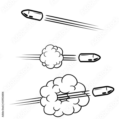 Shot from gun. Flying Bullet. Set Funny comic element. Cloud and smoke. Hand drawn shot. Cartoon illustration. Line and trace