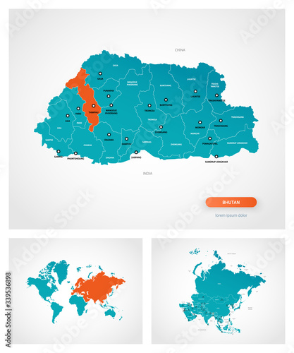 Editable template of map of Bhutan with marks. Bhutan  on world map and on Asia map.