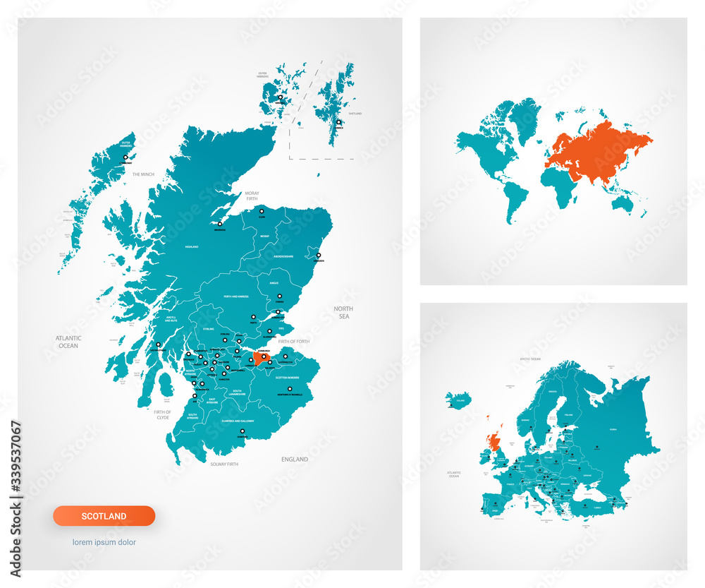 Editable template of map of Scotland with marks. Scotland  on world map and on Europe map.