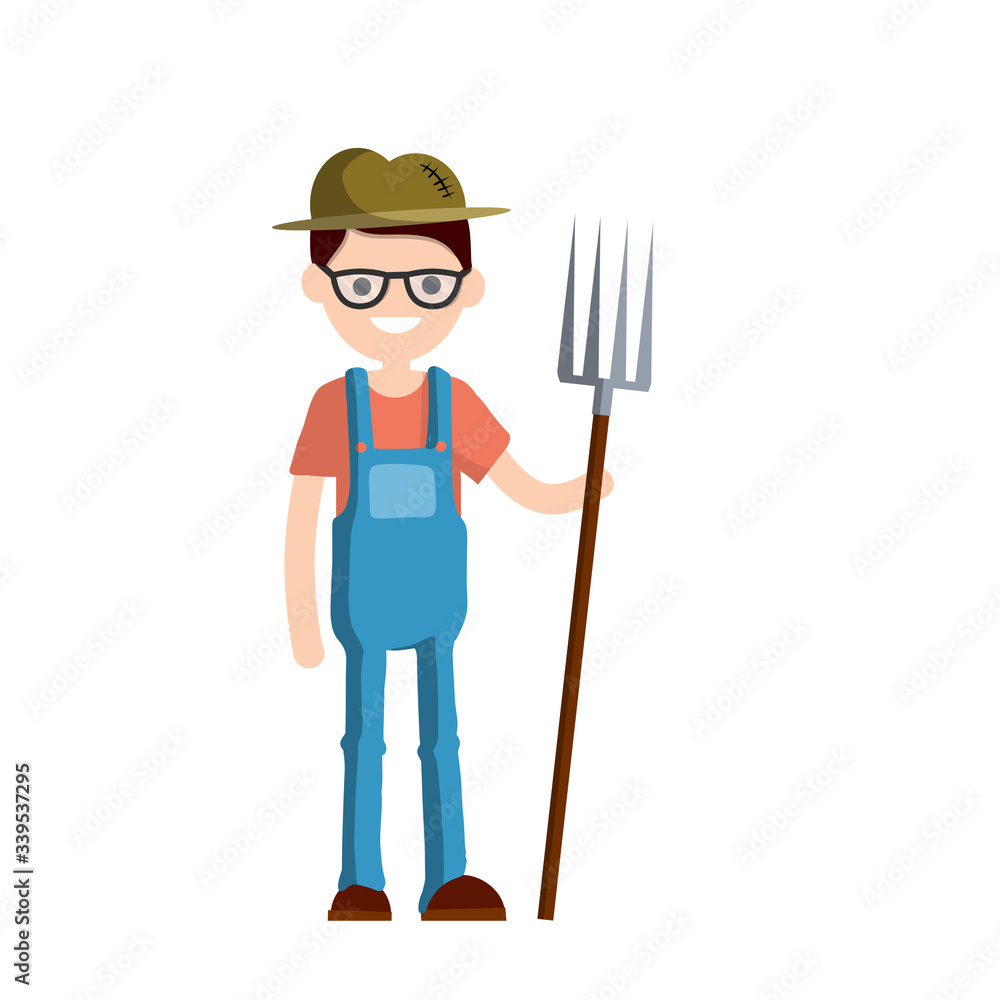 Man farmer in overalls with fork in hands. Rural type of work. Production of natural food in the village. Guy in hat with tools. Cartoon flat illustration Man farmer in overalls with fork in hands. Rural type of work. Production of natural food in the village. Guy in hat with tools. Cartoon flat illustration