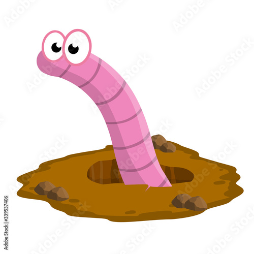 Worm in hole. Cute little character. Brown landscape. Children's flat drawing. Pink insect in nature