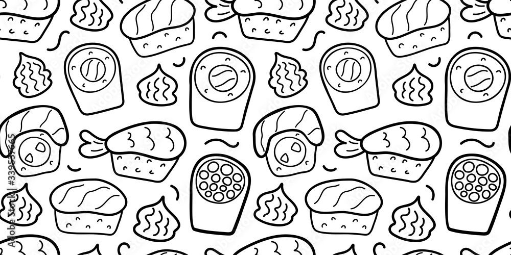 Sushi doodle pattern, linear hand drawn illustration, vector ornament for wrapping paper for restaurant, various sushi rolls, maki, philadelphia and nigiri. Black and white outline background