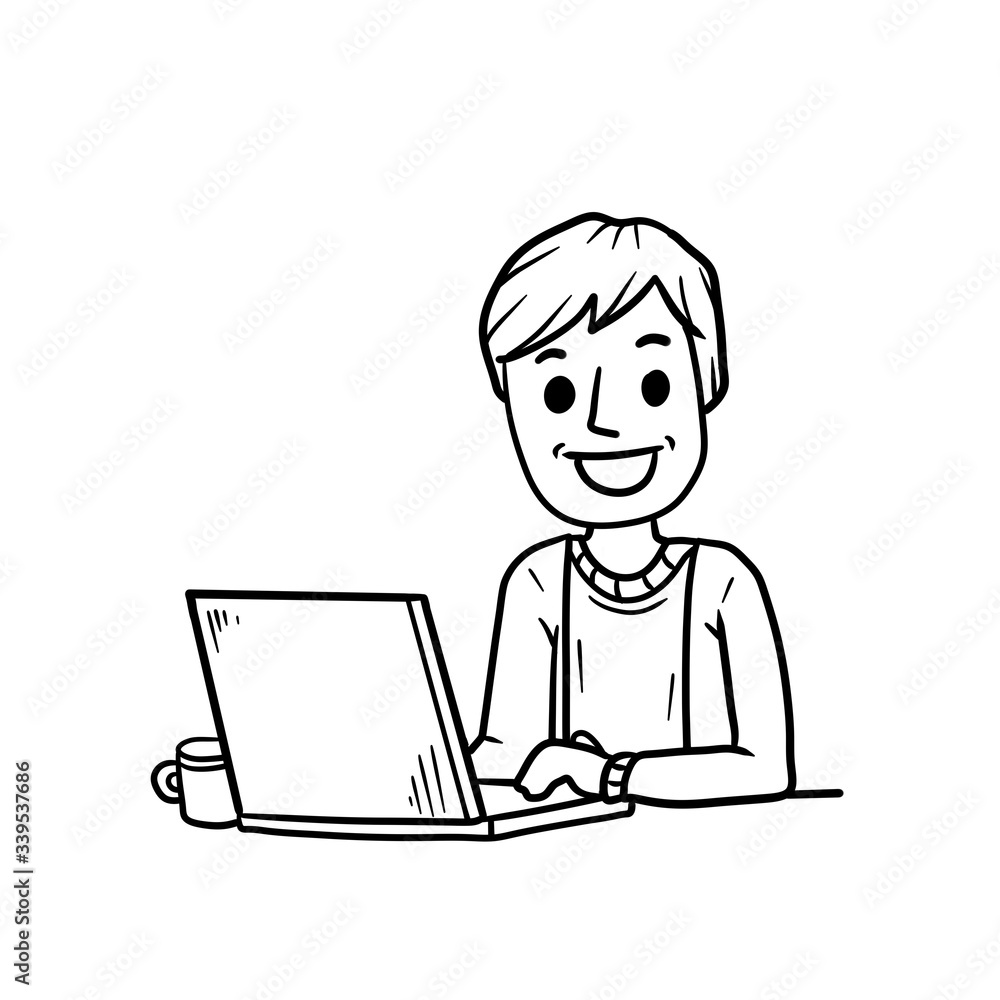 Man sitting at table with laptop. Chat with friends on the Internet. Work as freelancer and programmer. Modern gadget. Smiling happy guy. Man sitting at table with laptop. Chat with friends on the Internet. Work as freelancer and programmer. Modern gadget. Smiling happy guy.