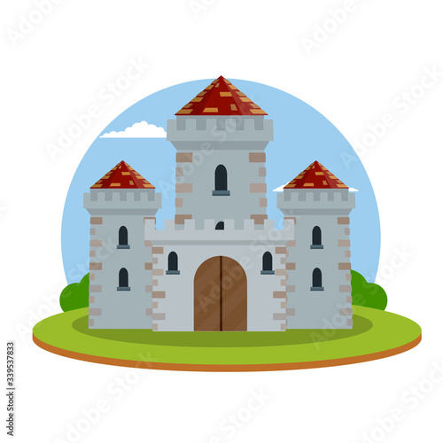Medieval castle. Old fortress. European architecture and city centre. Military building of knight and king. Defense and reliability. Tower, wall and gate. Cartoon flat illustration. Green landscape